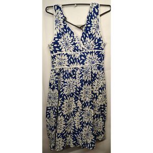 George A-line‎ Floral V-Neck Sleeveless Dress Blue/White Sz14 100% Cotton